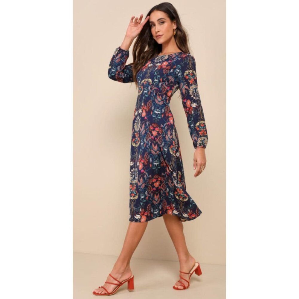 I.Madeline Navy Floral Botanical Midi Dress Long Sleeve Ruffle Hem XS